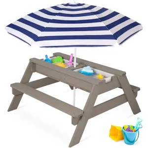 3-in-1 Kids Sand & Water Table with Convertible Picnic Table and Umbrella