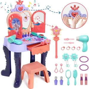 Toddler Vanity Makeup Table with Mirror and Chair, Kids Vanity Set with Music & and Lights